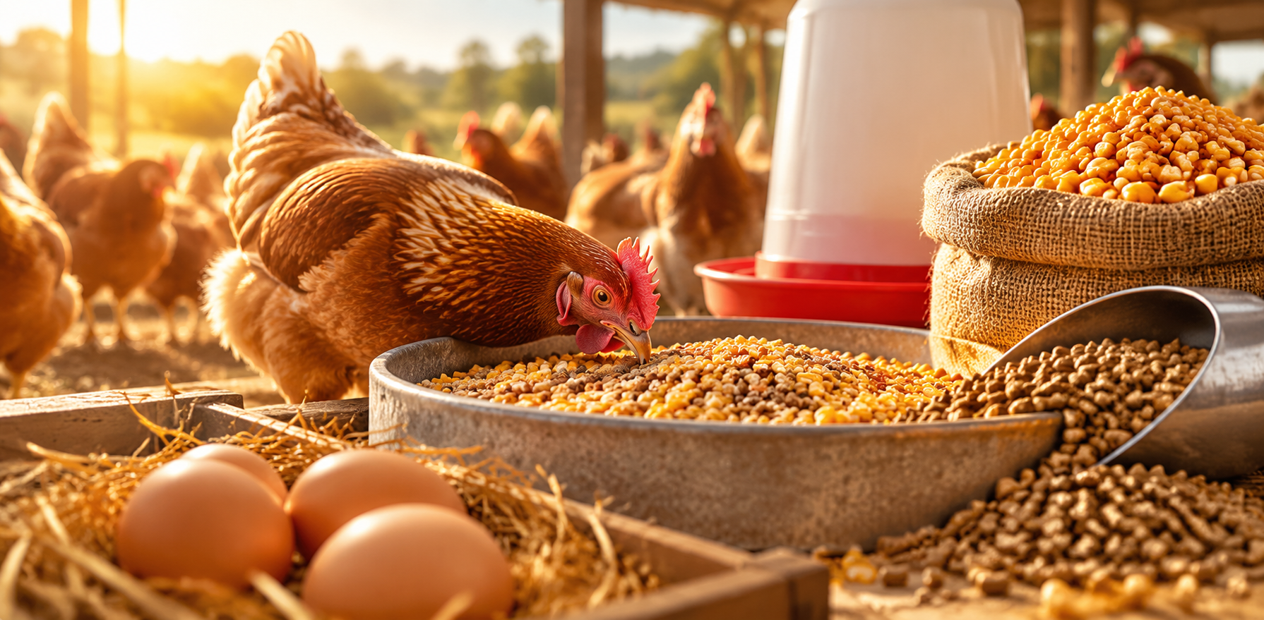 Foto de alimentação e manejo de galinhas poedeiras, com rotina de cuidados e ambiente organizado