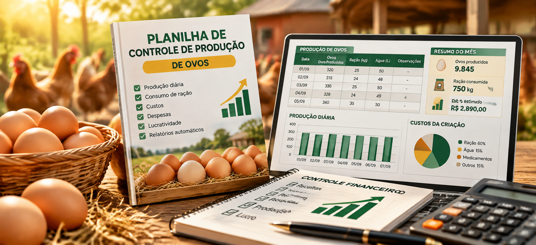 Capa do bônus 2 com gráfico de controle de custos e produção, em ambiente de criação organizado e com tom útil e encorajador